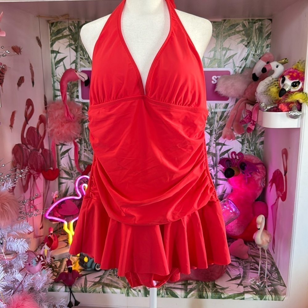 Chaps Front Skirted Halter One Piece Swimsuit Size 16